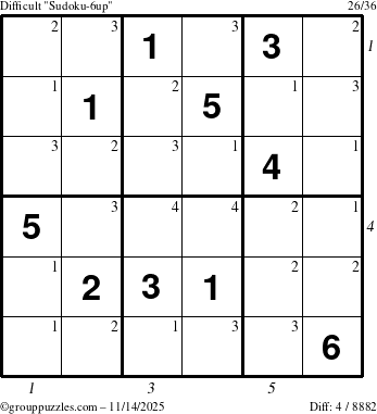 The grouppuzzles.com Difficult Sudoku-6up puzzle for Friday November 14, 2025 with all 4 steps marked