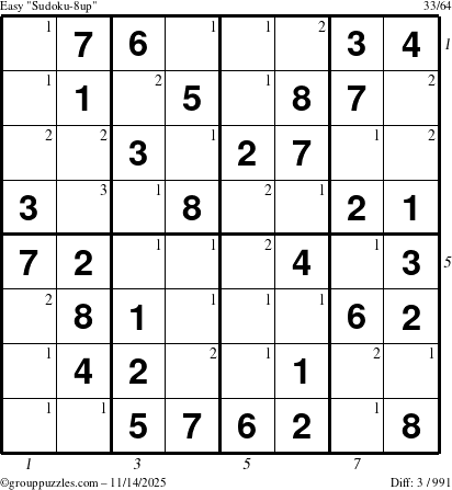 The grouppuzzles.com Easy Sudoku-8up puzzle for Friday November 14, 2025, suitable for printing, with all 3 steps marked