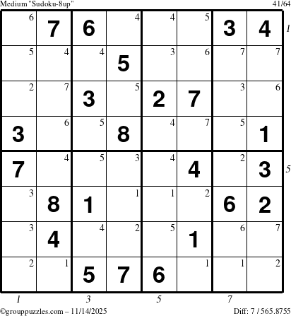 The grouppuzzles.com Medium Sudoku-8up puzzle for Friday November 14, 2025, suitable for printing, with all 7 steps marked