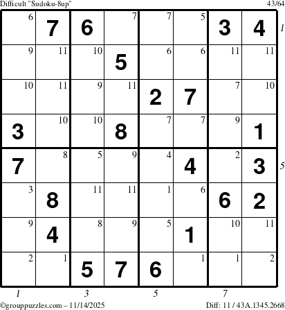 The grouppuzzles.com Difficult Sudoku-8up puzzle for Friday November 14, 2025 with all 11 steps marked