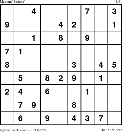 The grouppuzzles.com Medium Sudoku puzzle for Friday November 14, 2025
