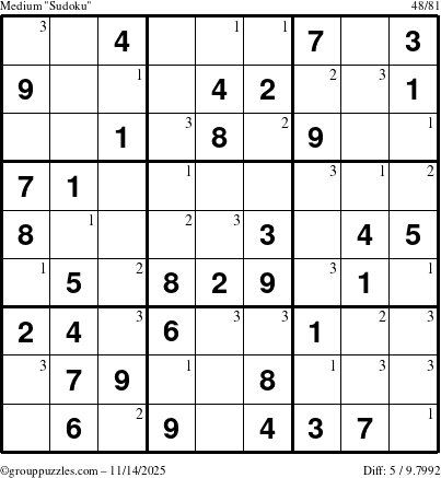 The grouppuzzles.com Medium Sudoku puzzle for Friday November 14, 2025 with the first 3 steps marked