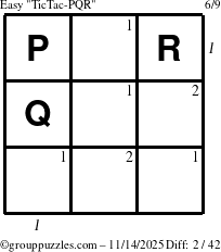The grouppuzzles.com Easy TicTac-PQR puzzle for Friday November 14, 2025 with all 2 steps marked