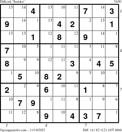 The grouppuzzles.com Difficult Sudoku puzzle for Friday November 14, 2025, suitable for printing, with all 14 steps marked