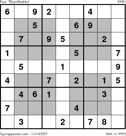 The grouppuzzles.com Easy HyperSudoku puzzle for Friday November 14, 2025