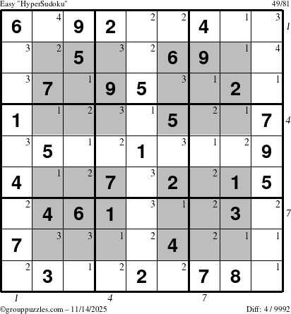 The grouppuzzles.com Easy HyperSudoku puzzle for Friday November 14, 2025 with all 4 steps marked