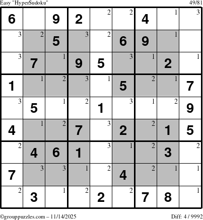 The grouppuzzles.com Easy HyperSudoku puzzle for Friday November 14, 2025 with the first 3 steps marked