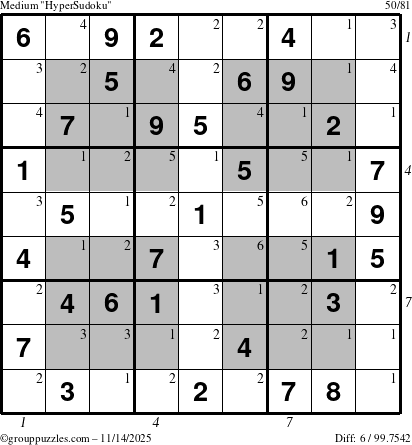 The grouppuzzles.com Medium HyperSudoku puzzle for Friday November 14, 2025 with all 6 steps marked
