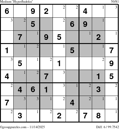 The grouppuzzles.com Medium HyperSudoku puzzle for Friday November 14, 2025 with the first 3 steps marked