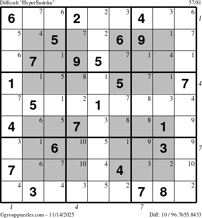 The grouppuzzles.com Difficult HyperSudoku puzzle for Friday November 14, 2025, suitable for printing, with all 10 steps marked