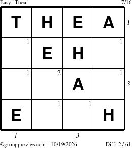 The grouppuzzles.com Easy Thea puzzle for Monday October 19, 2026, suitable for printing, with all 2 steps marked