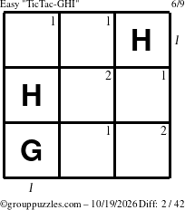 The grouppuzzles.com Easy TicTac-GHI puzzle for Monday October 19, 2026 with all 2 steps marked