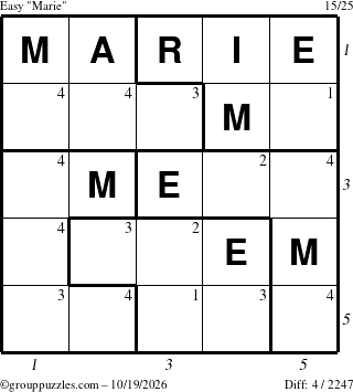 The grouppuzzles.com Easy Marie puzzle for Monday October 19, 2026 with all 4 steps marked
