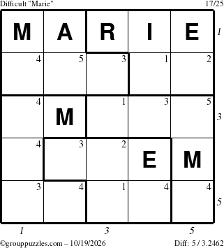 The grouppuzzles.com Difficult Marie puzzle for Monday October 19, 2026 with all 5 steps marked