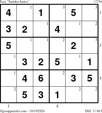 The grouppuzzles.com Easy Sudoku-Junior puzzle for Monday October 19, 2026 with all 3 steps marked