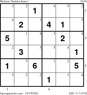 The grouppuzzles.com Medium Sudoku-Junior puzzle for Monday October 19, 2026 with all 5 steps marked