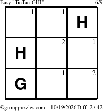 The grouppuzzles.com Easy TicTac-GHI puzzle for Monday October 19, 2026 with the first 2 steps marked