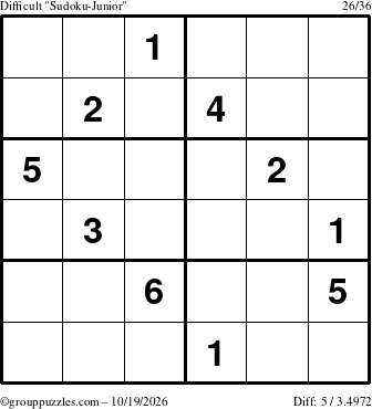 The grouppuzzles.com Difficult Sudoku-Junior puzzle for Monday October 19, 2026