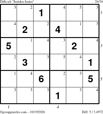 The grouppuzzles.com Difficult Sudoku-Junior puzzle for Monday October 19, 2026 with all 5 steps marked