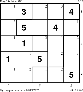 The grouppuzzles.com Easy Sudoku-5B puzzle for Monday October 19, 2026 with all 3 steps marked