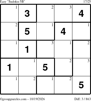 The grouppuzzles.com Easy Sudoku-5B puzzle for Monday October 19, 2026 with the first 3 steps marked