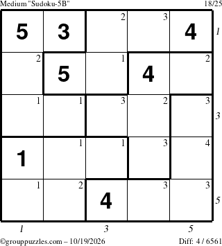 The grouppuzzles.com Medium Sudoku-5B puzzle for Monday October 19, 2026, suitable for printing, with all 4 steps marked