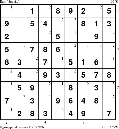 The grouppuzzles.com Easy Sudoku puzzle for Monday October 19, 2026, suitable for printing, with all 3 steps marked