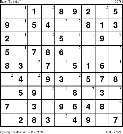 The grouppuzzles.com Easy Sudoku puzzle for Monday October 19, 2026 with the first 3 steps marked
