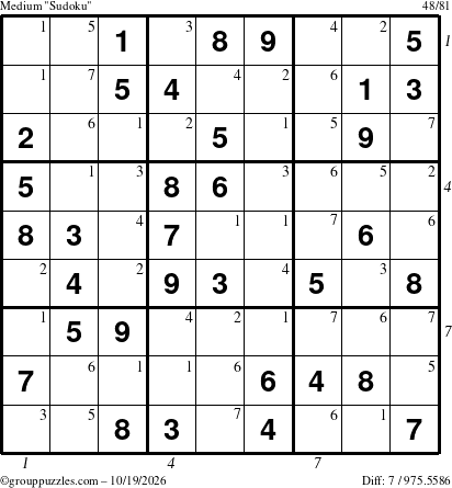 The grouppuzzles.com Medium Sudoku puzzle for Monday October 19, 2026, suitable for printing, with all 7 steps marked