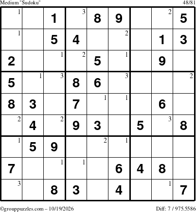 The grouppuzzles.com Medium Sudoku puzzle for Monday October 19, 2026 with the first 3 steps marked