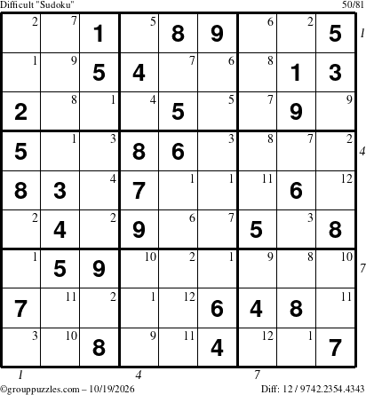The grouppuzzles.com Difficult Sudoku puzzle for Monday October 19, 2026 with all 12 steps marked