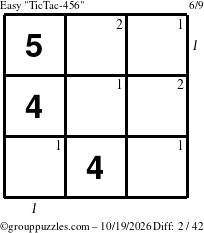 The grouppuzzles.com Easy TicTac-456 puzzle for Monday October 19, 2026 with all 2 steps marked
