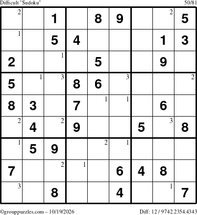 The grouppuzzles.com Difficult Sudoku puzzle for Monday October 19, 2026 with the first 3 steps marked