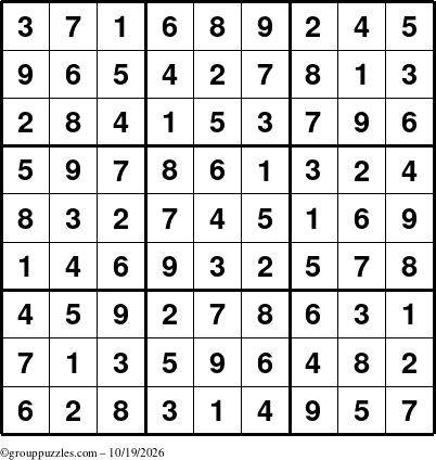 The grouppuzzles.com Answer grid for the Sudoku puzzle for Monday October 19, 2026