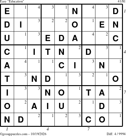 The grouppuzzles.com Easy Education-c1 puzzle for Monday October 19, 2026, suitable for printing, with all 4 steps marked