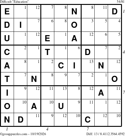 The grouppuzzles.com Difficult Education-c1 puzzle for Monday October 19, 2026 with all 13 steps marked