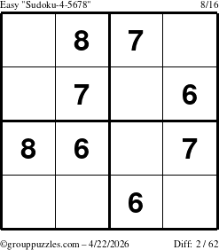 The grouppuzzles.com Easy Sudoku-4-5678 puzzle for Wednesday April 22, 2026