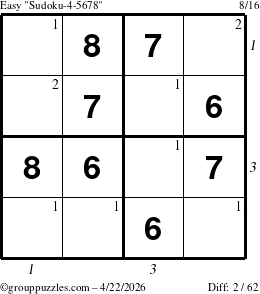 The grouppuzzles.com Easy Sudoku-4-5678 puzzle for Wednesday April 22, 2026, suitable for printing, with all 2 steps marked