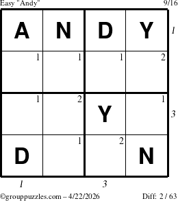 The grouppuzzles.com Easy Andy puzzle for Wednesday April 22, 2026 with all 2 steps marked