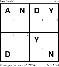 The grouppuzzles.com Easy Andy puzzle for Wednesday April 22, 2026 with the first 2 steps marked