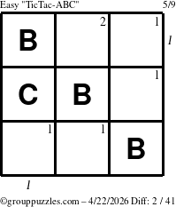 The grouppuzzles.com Easy TicTac-ABC puzzle for Wednesday April 22, 2026 with all 2 steps marked