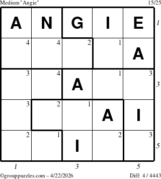 The grouppuzzles.com Medium Angie puzzle for Wednesday April 22, 2026 with all 4 steps marked