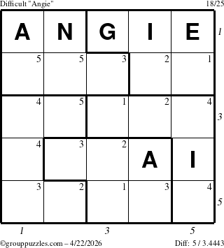 The grouppuzzles.com Difficult Angie puzzle for Wednesday April 22, 2026 with all 5 steps marked