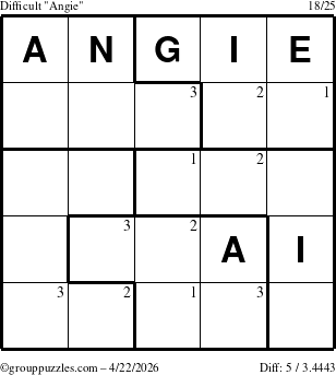 The grouppuzzles.com Difficult Angie puzzle for Wednesday April 22, 2026 with the first 3 steps marked