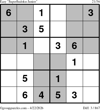 The grouppuzzles.com Easy SuperSudoku-Junior puzzle for Wednesday April 22, 2026