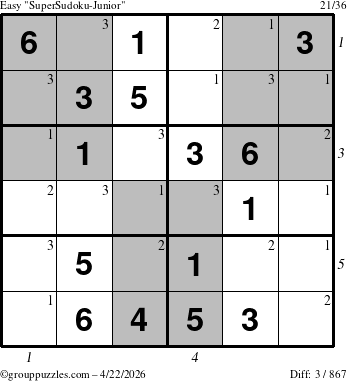 The grouppuzzles.com Easy SuperSudoku-Junior puzzle for Wednesday April 22, 2026 with all 3 steps marked
