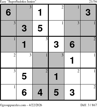 The grouppuzzles.com Easy SuperSudoku-Junior puzzle for Wednesday April 22, 2026 with the first 3 steps marked