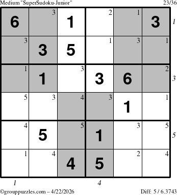 The grouppuzzles.com Medium SuperSudoku-Junior puzzle for Wednesday April 22, 2026, suitable for printing, with all 5 steps marked