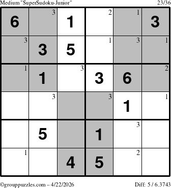The grouppuzzles.com Medium SuperSudoku-Junior puzzle for Wednesday April 22, 2026 with the first 3 steps marked