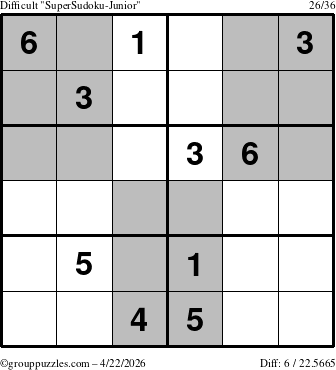 The grouppuzzles.com Difficult SuperSudoku-Junior puzzle for Wednesday April 22, 2026